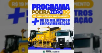 Imagens de maquinário pesado para pavimentação e caminhão, parte do Programa Poeira Zero BG em Barra do Garças. Crédito: Prefeitura de Barra do Garças / Instagram