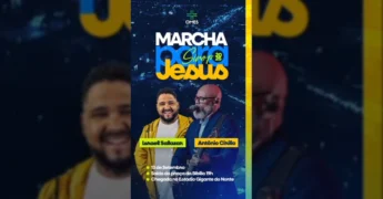 Imagem promocional da Marcha para Jesus 2025 em Sinop com Israel Salazar e Antônio Cirilo. Créditos: aguadavidasinop / Instagram.