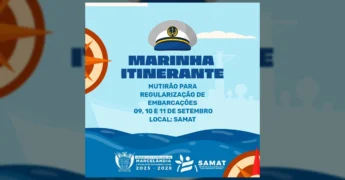 Logotipo da Marinha Itinerante com boné de marinheiro e informações sobre regularização de embarcações em Marcelândia, cortesia de Samat Marcelândia.