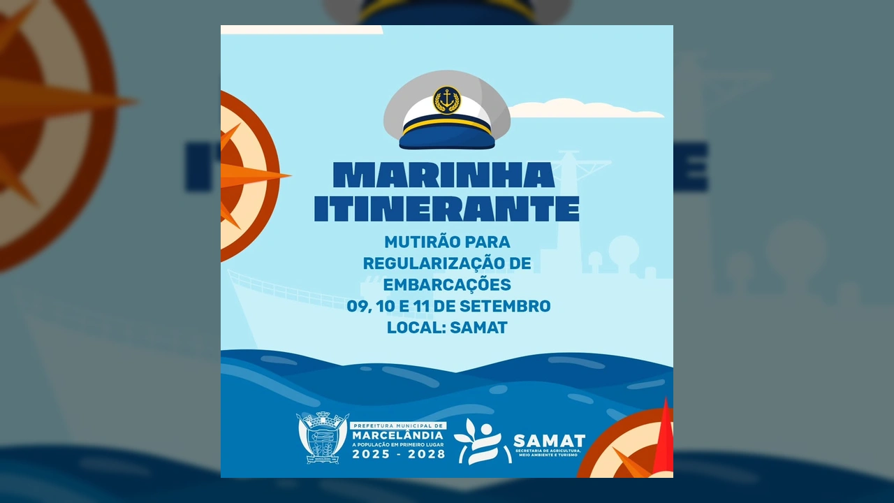 Logotipo da Marinha Itinerante com boné de marinheiro e informações sobre regularização de embarcações em Marcelândia, cortesia de Samat Marcelândia.