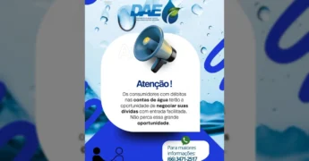 Megafone azul sobre fundo com gotas d'água, simbolizando o anúncio de negociação de dívidas do DAE de Alto Garças. Crédito: Prefeitura de Alto Garças / Instagram.