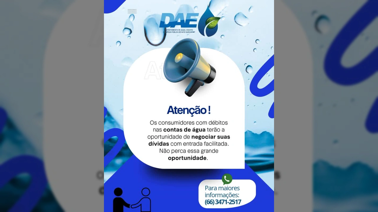 Megafone azul sobre fundo com gotas d'água, simbolizando o anúncio de negociação de dívidas do DAE de Alto Garças. Crédito: Prefeitura de Alto Garças / Instagram.