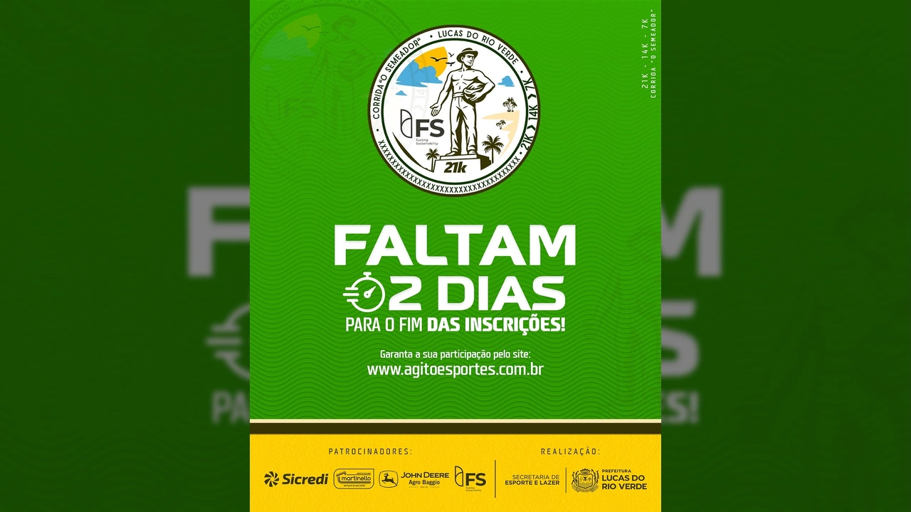 Imagem promocional da Meia Maratona O Semeador, indicando 'Faltam 2 Dias' para as inscrições. Publicado por Secretaria de Esporte e Lazer de Lucas do Rio Verde.