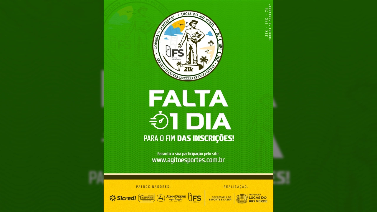 Banner da Meia Maratona O Semeador com informações sobre percursos e inscrições. Créditos: Secretaria de Esporte e Lazer de Lucas do Rio Verde / Instagram @vivalucasesportelazer
