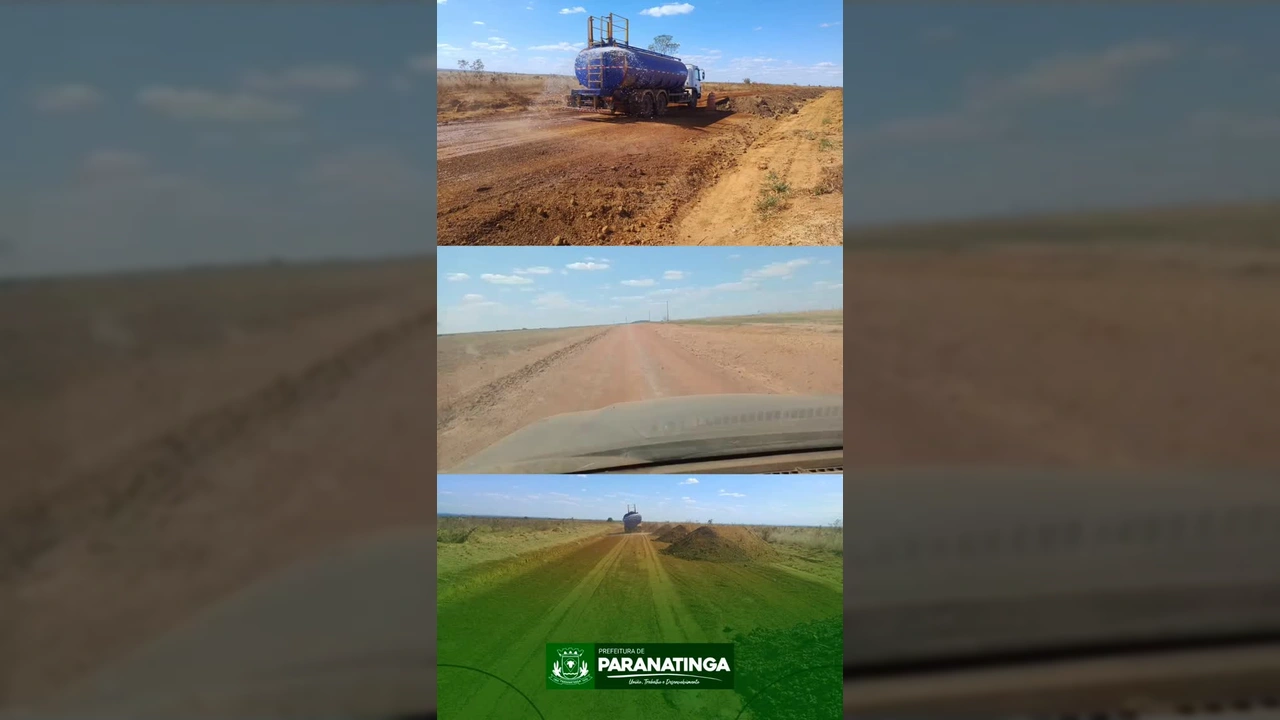 Caminhão pipa molhando a estrada de terra em Paranatinga, mostrando o trabalho de recuperação viária pela Prefeitura de Paranatinga / Instagram.