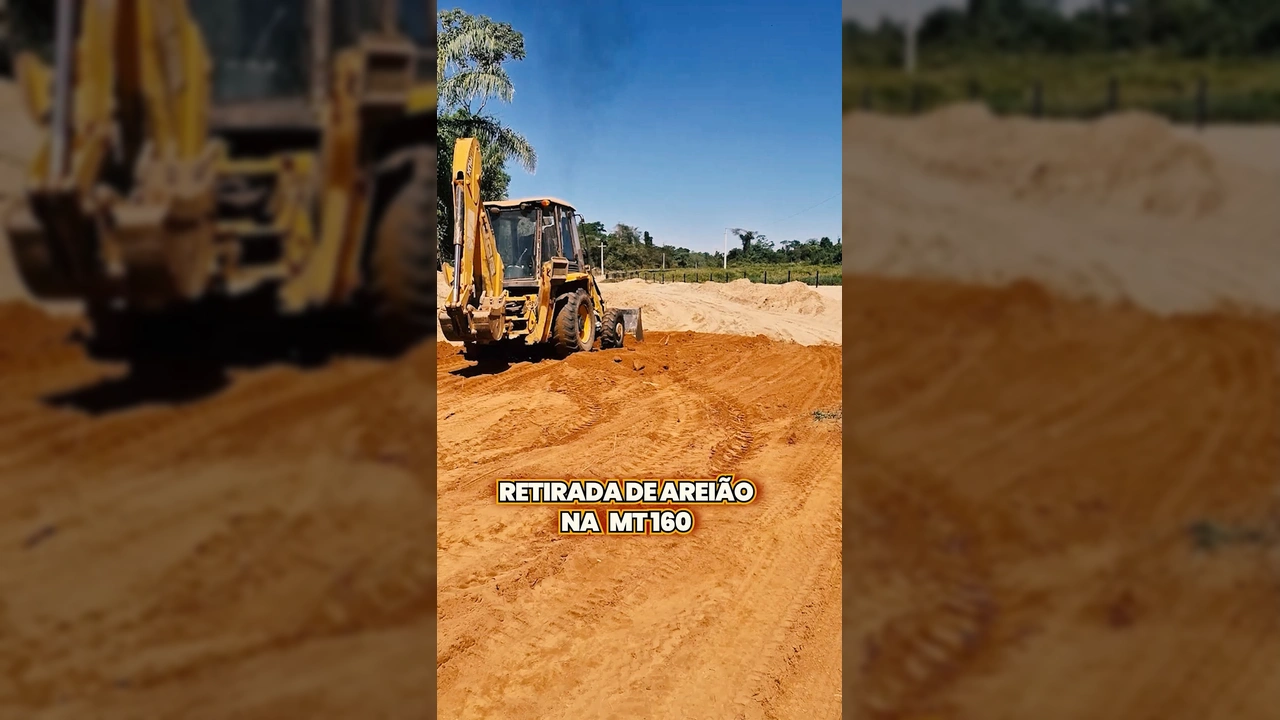 Máquinas pesadas trabalhando na retirada de areião e construção de aterro na MT-160, Juara, com equipe da Prefeitura no local / Imagem: Prefeitura de Juara no Instagram
