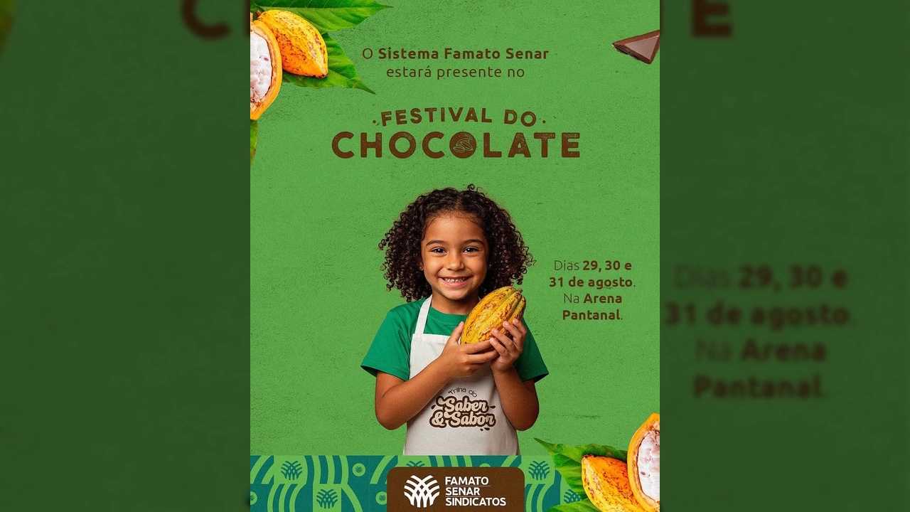 Foto de divulgação do Senar-MT para o Festival do Chocolate, com uma criança segurando um fruto de cacau e sorrindo, usando um avental de chef.