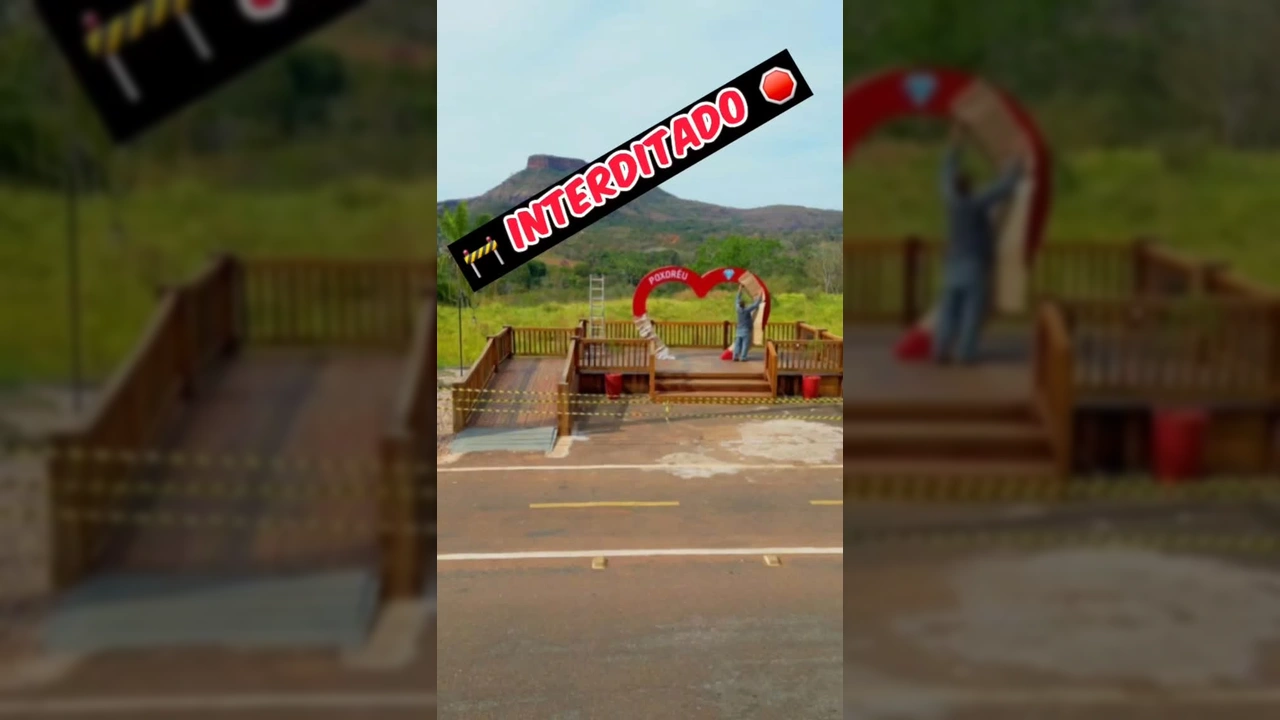 Homem trabalhando na instalação de estrutura em formato de coração no Mirante Morro da Mesa, Poxoréu. Créditos: Prefeitura de Poxoréu / Instagram.