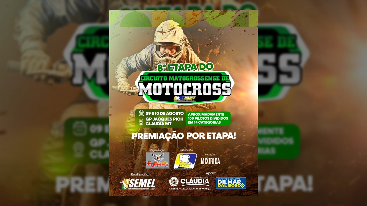 Piloto de motocross em ação, anunciando o evento da 8ª Etapa do Circuito Mato-grossense em Cláudia, MT. Créditos: Prefeitura de Cláudia.