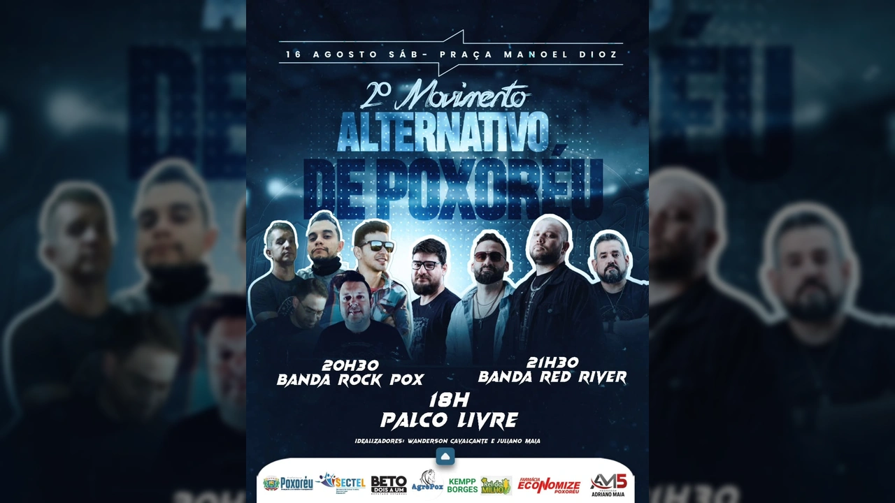 Cartaz do 2º Movimento Alternativo de Poxoréu mostrando as bandas Rock Pox e Red River, local na Praça Manoel Dioz e data 16 de agosto. Créditos: Prefeitura de Poxoréu / Instagram.