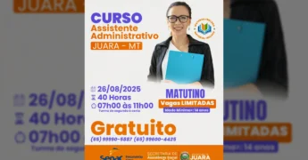Imagem promocional do Curso de Assistente Administrativo em Juara com mulher sorridente e prancheta / Instagram prefeituradejuara