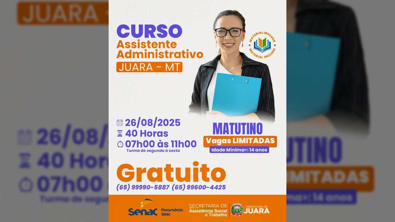 Imagem promocional do Curso de Assistente Administrativo em Juara com mulher sorridente e prancheta / Instagram prefeituradejuara