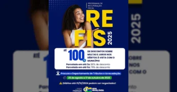 Imagem promocional do REFIS 2025 da Prefeitura de Nova Brasilândia com mulher sorrindo e detalhes do programa de recuperação fiscal. Créditos: Prefeitura de Nova Brasilândia / Instagram