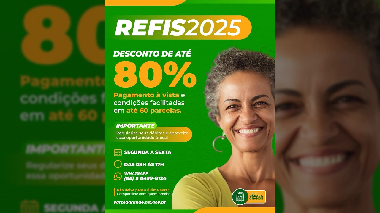 Imagem de uma mulher sorrindo, representando a satisfação com o REFIS 2025 da Prefeitura de Várzea Grande. Créditos: Prefeitura de Várzea Grande / Instagram