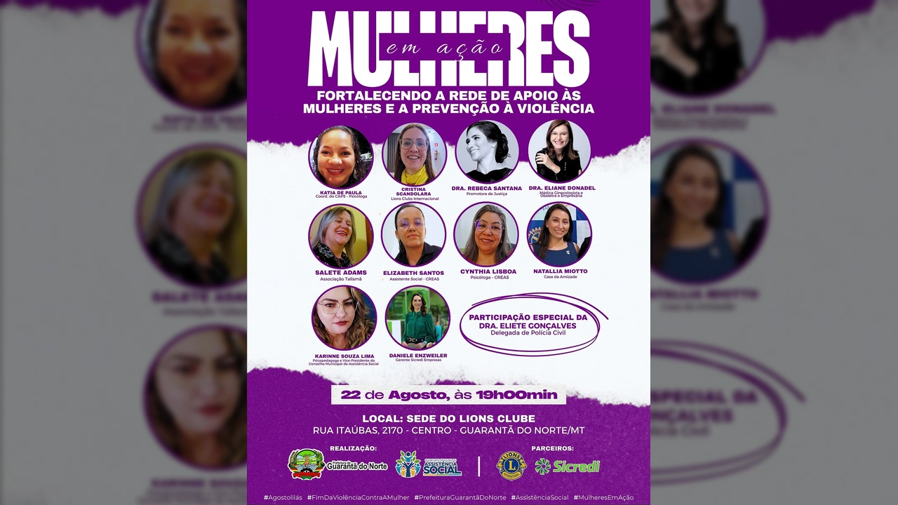 Imagem do cartaz do evento 'Mulheres em Ação' em Guarantã do Norte, promovido pela Prefeitura Municipal.