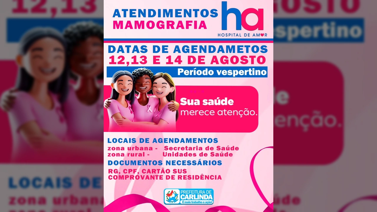 Imagem de campanha de mamografia em Carlinda com três mulheres sorrindo. Créditos: Prefeitura de Carlinda / Instagram.