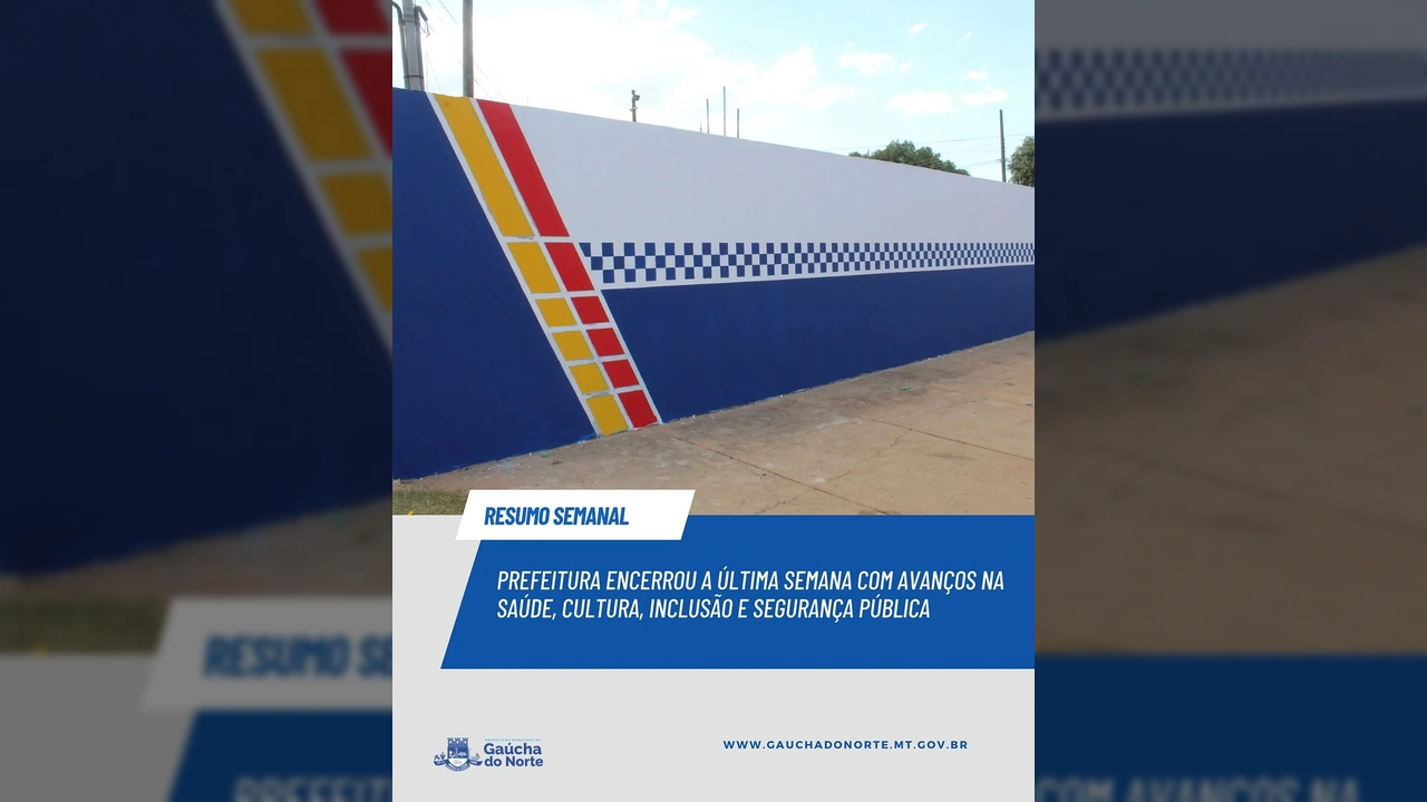 Foto de um mural colorido em Gaúcha do Norte, com faixas em azul, branco, amarelo e vermelho, celebrando as conquistas do município. Créditos: Prefeitura de Gaúcha do Norte.