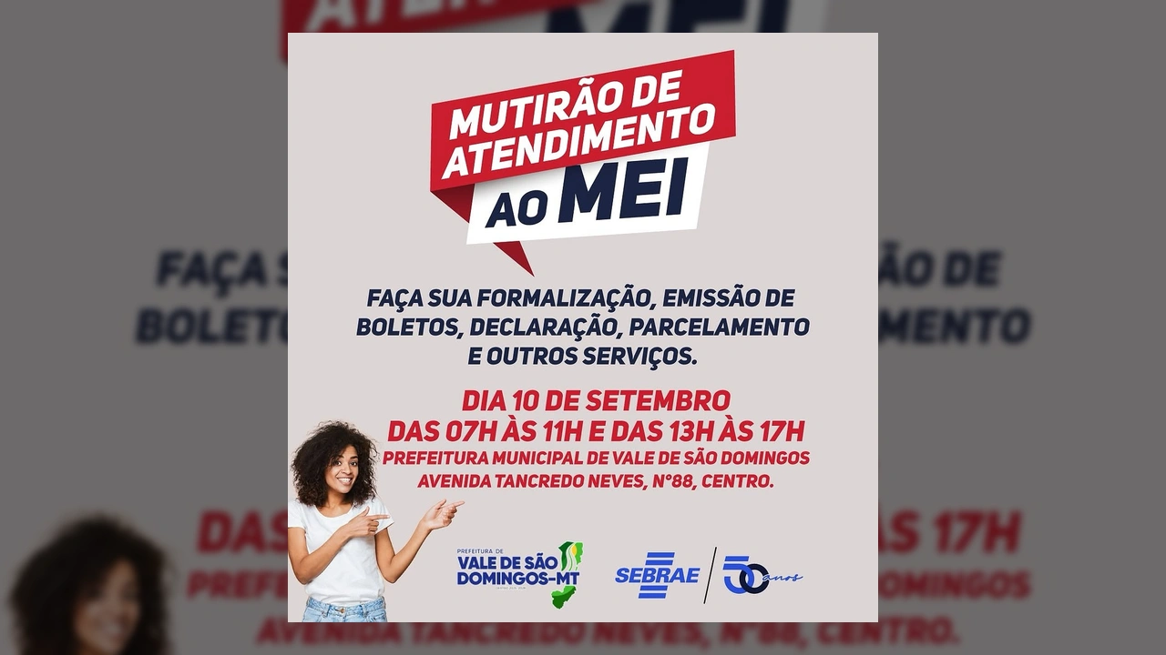 Mulher sorridente apontando para o texto do Mutirão de Atendimento ao MEI em Vale de São Domingos, com logos da Prefeitura e SEBRAE. Créditos: Prefeitura Municipal de Vale de São Domingos / Instagram.