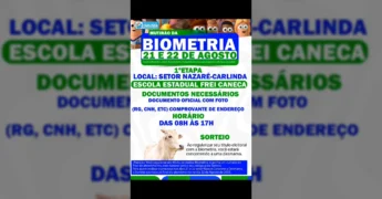 Banner do Mutirão da Biometria promovido pela Prefeitura de Carlinda com informações sobre datas e local. Créditos: Prefeitura Municipal de Carlinda.
