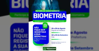 Cartaz informativo sobre o Mutirão de Cadastramento Biométrico em Paranatinga, com destaque para um ícone de impressão digital.