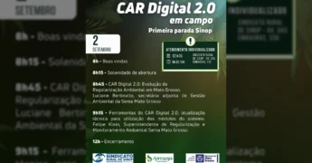 Banner informativo sobre o mutirão CAR Digital 2.0 em Campo, realizado em Sinop, Mato Grosso, com datas e horários. Créditos: Prefeitura de Santa Carmem / Instagram