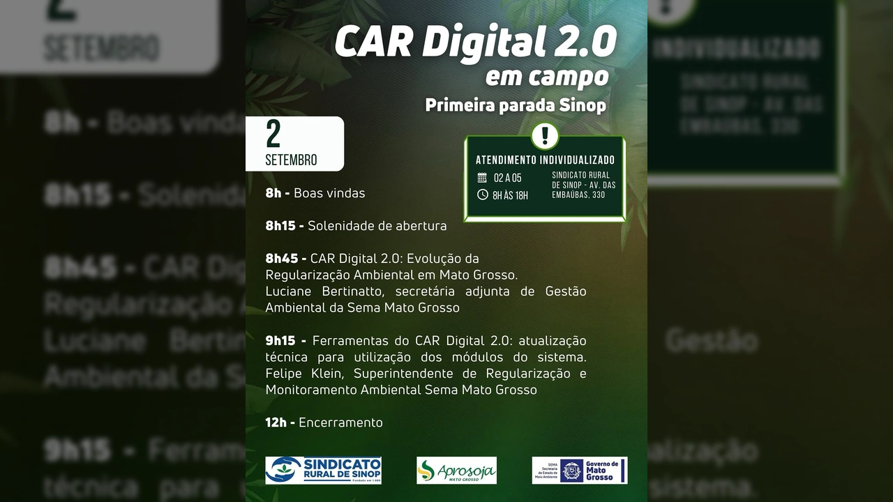 Banner informativo sobre o mutirão CAR Digital 2.0 em Campo, realizado em Sinop, Mato Grosso, com datas e horários. Créditos: Prefeitura de Santa Carmem / Instagram