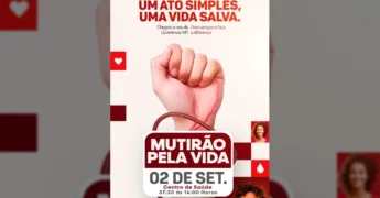Mão fechada com veias aparentes e tubo de doação, com a frase 'Um ato simples, uma vida salva'. Créditos: Prefeitura de Querência-MT / Instagram.