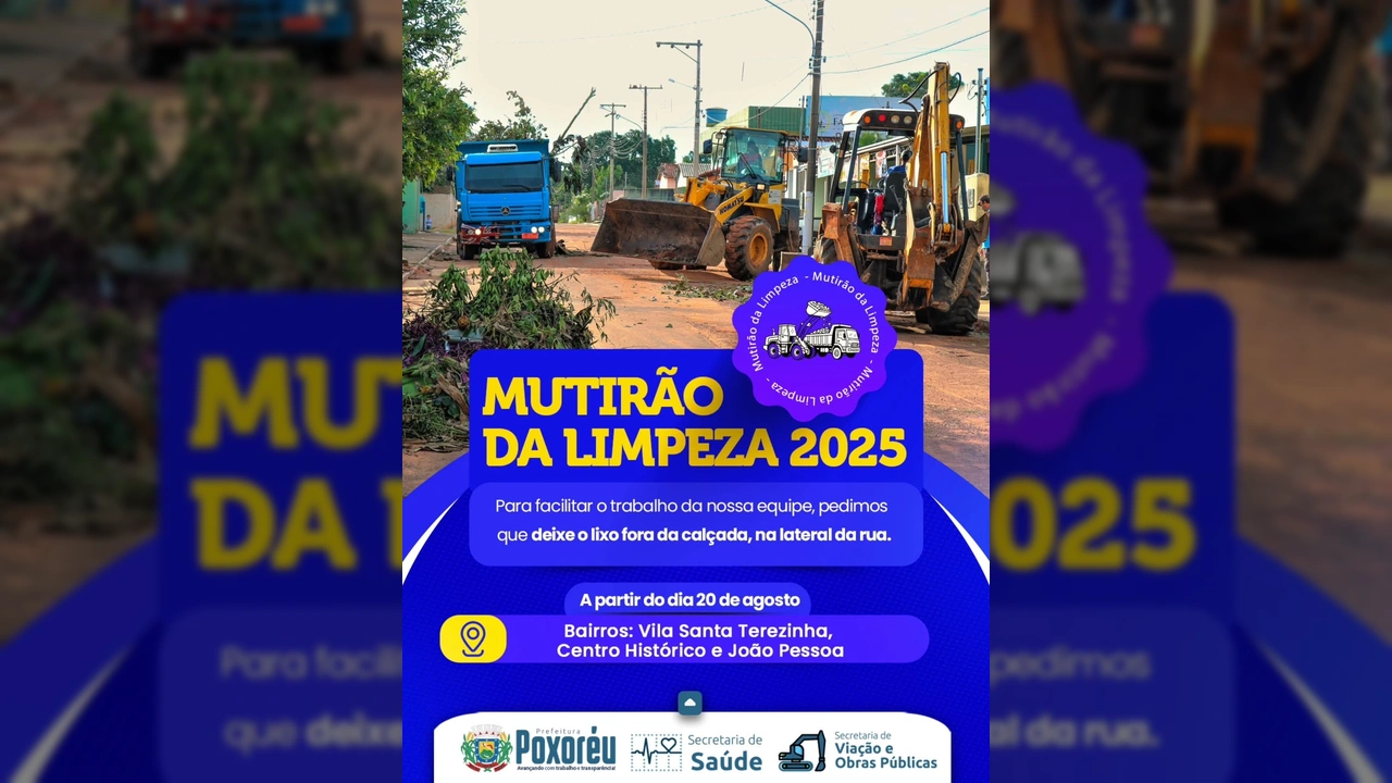 Caminhão e carregadeira trabalhando na limpeza de rua em Poxoréu para o mutirão. Crédito: Prefeitura de Poxoréu / Instagram.