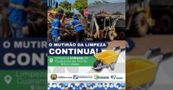 Mutirão da Limpeza em andamento no Bairro Centro de Guarantã do Norte, Mato Grosso. Créditos: Prefeitura Municipal / Instagram.