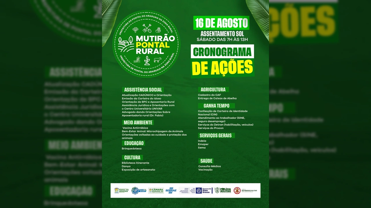 Ilustração do Mutirão Pontal Rural com ícones de atividades rurais e urbanas, promovido pela Prefeitura de Pontal do Araguaia / Instagram