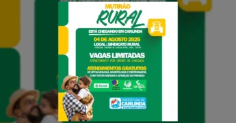 Ilustração do Mutirão Rural em Carlinda com pessoas e trator, destacando serviços de saúde, com créditos à Prefeitura de Carlinda / Instagram.