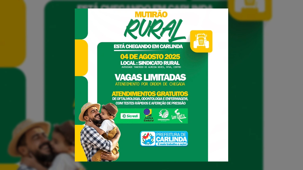 Ilustração do Mutirão Rural em Carlinda com pessoas e trator, destacando serviços de saúde, com créditos à Prefeitura de Carlinda / Instagram.