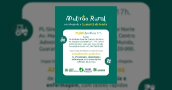 Banner anunciando o Mutirão Rural em Guarantã do Norte, oferecendo serviços de saúde gratuitos, com crédito para Prefeitura Municipal / Instagram.