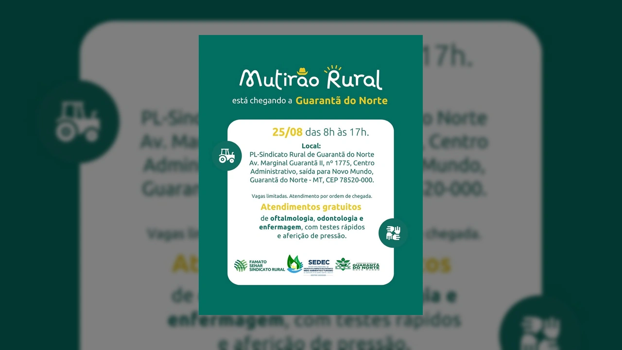 Banner anunciando o Mutirão Rural em Guarantã do Norte, oferecendo serviços de saúde gratuitos, com crédito para Prefeitura Municipal / Instagram.