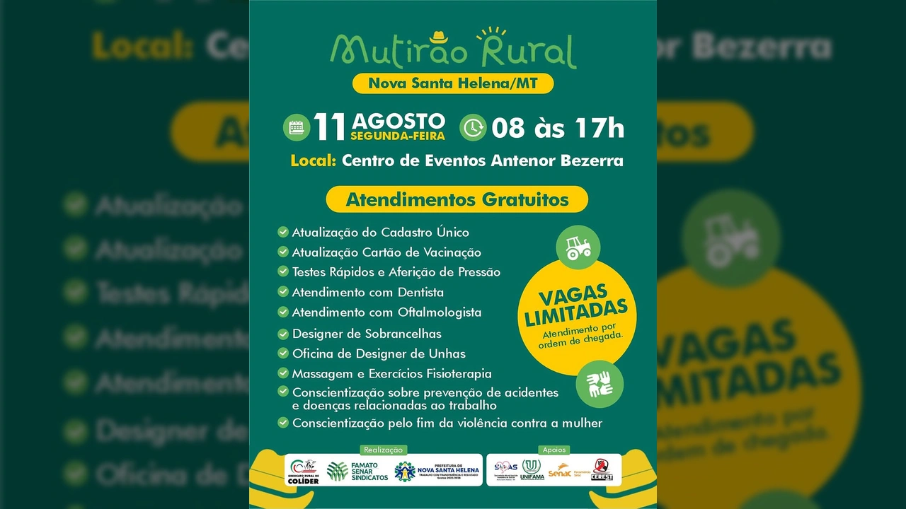 Cartaz do Mutirão Rural de Nova Santa Helena com informações sobre atendimentos gratuitos. Créditos: Sindicato Rural de Colíder / Instagram.