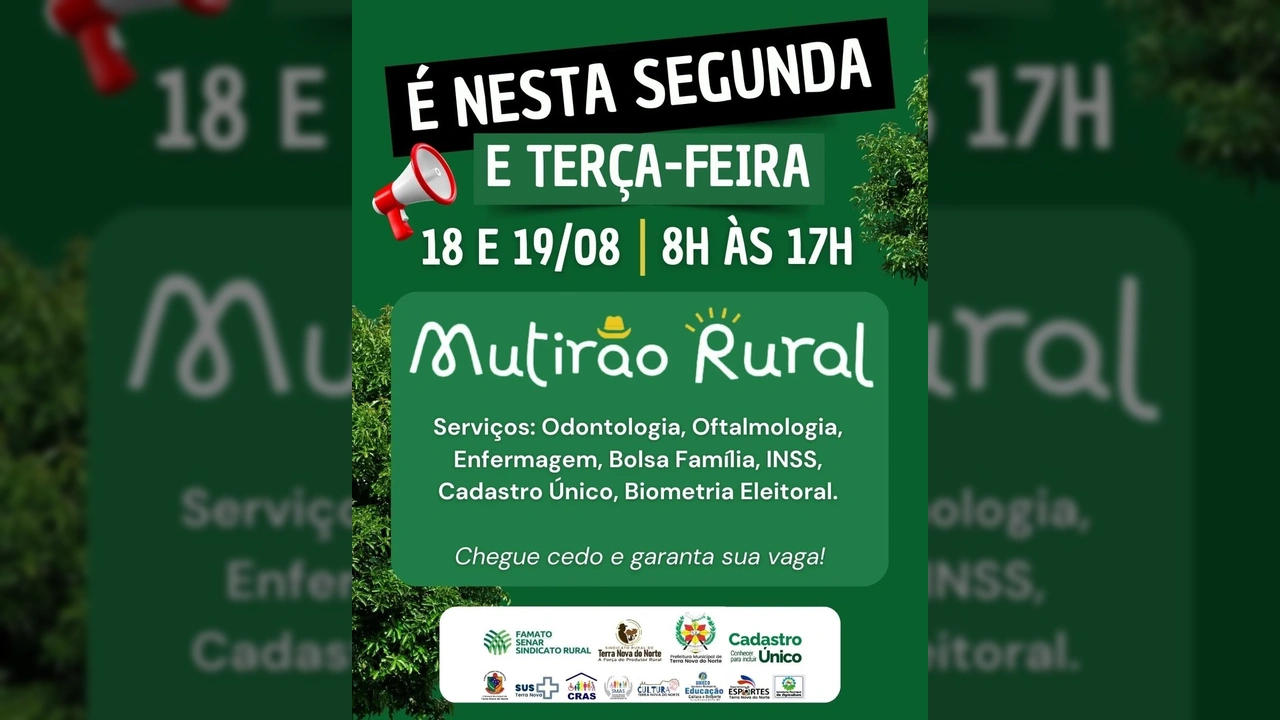 Imagem do Mutirão Rural em Terra Nova do Norte, mostrando o banner do evento com datas e serviços. Créditos: @terranovadonorte no Instagram.
