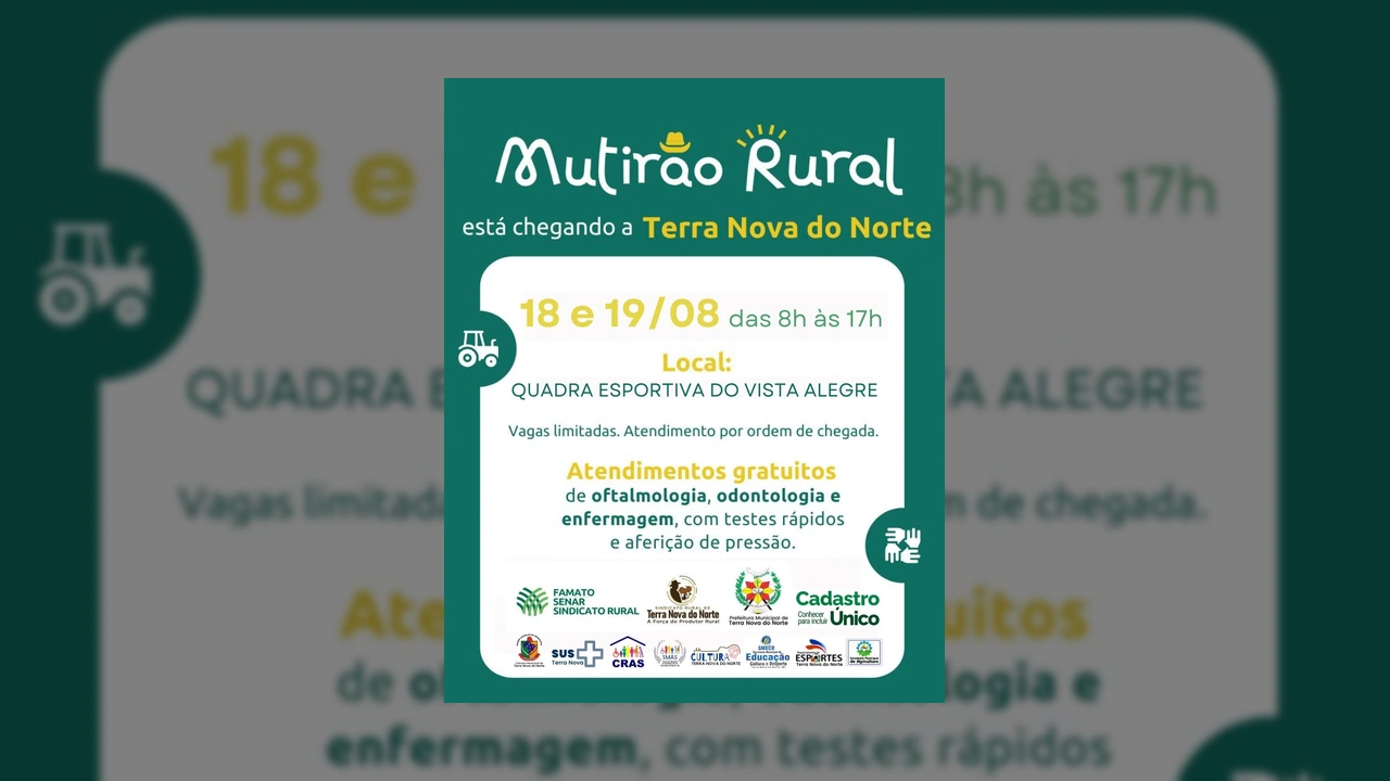 Banner do Mutirão Rural em Terra Nova do Norte, com datas e serviços, postado por @terranovadonorte.