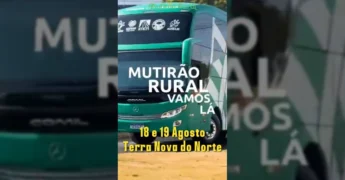 Serviços gratuitos de saúde e cidadania no Mutirão Rural em Terra Nova do Norte, com ônibus do SENAR e atendimento à população.