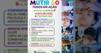 Cartaz informativo do Mutirão Social da Prefeitura de Dom Aquino no Distrito de Entre-Rios, com ilustrações de serviços e pessoas sendo atendidas. Crédito: AssistenciaSocial_eHabitação / Instagram.