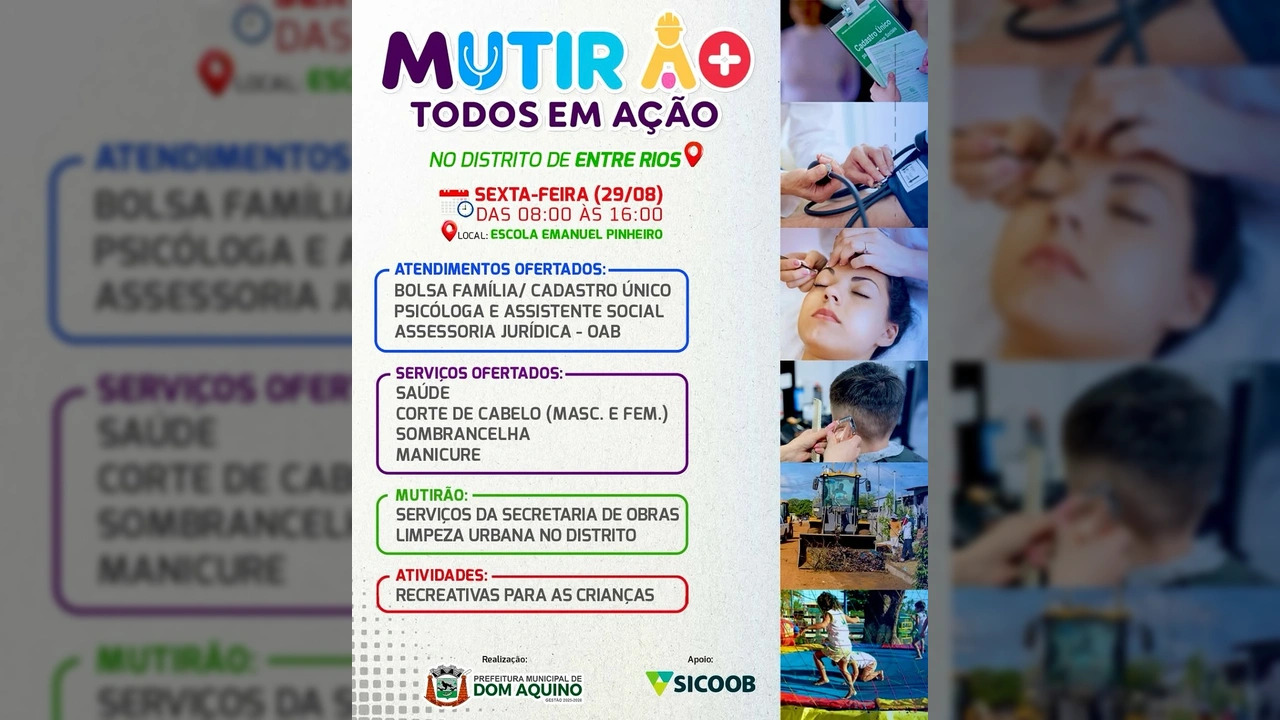 Cartaz informativo do Mutirão Social da Prefeitura de Dom Aquino no Distrito de Entre-Rios, com ilustrações de serviços e pessoas sendo atendidas. Crédito: AssistenciaSocial_eHabitação / Instagram.