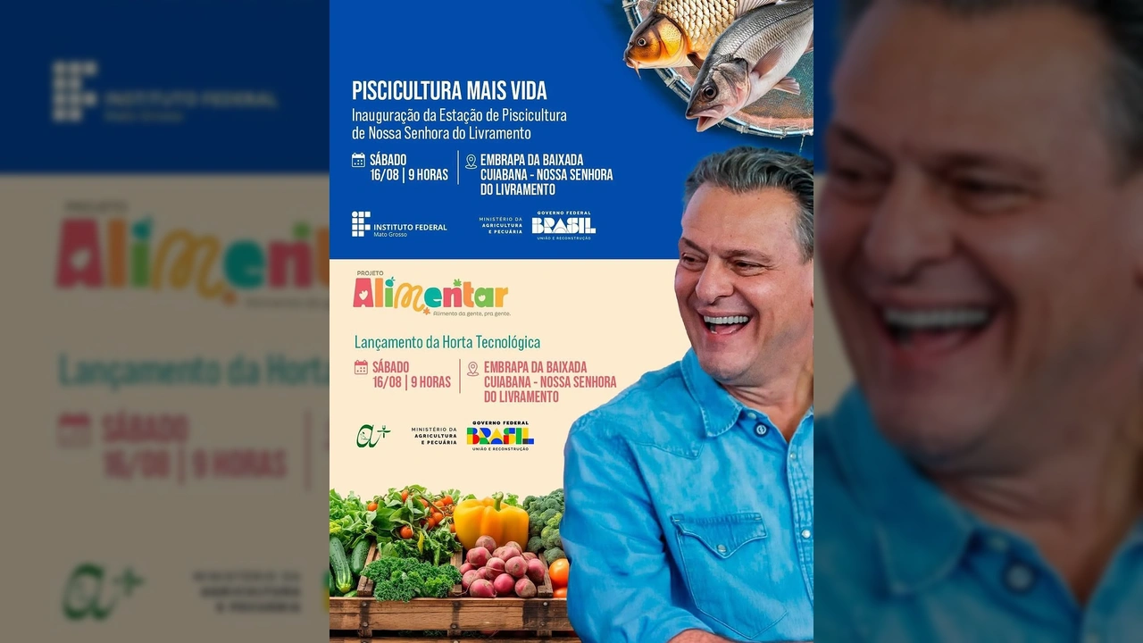 Imagem promocional da inauguração da Estação de Piscicultura e Horta Tecnológica em Nossa Senhora do Livramento, divulgada pela Prefeitura de Livramento.