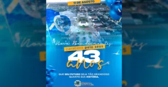 Vista aérea de Nova Bandeirantes com a bandeira da cidade, celebrando os 43 anos, imagem da Prefeitura Municipal de Nova Bandeirantes no Instagram.