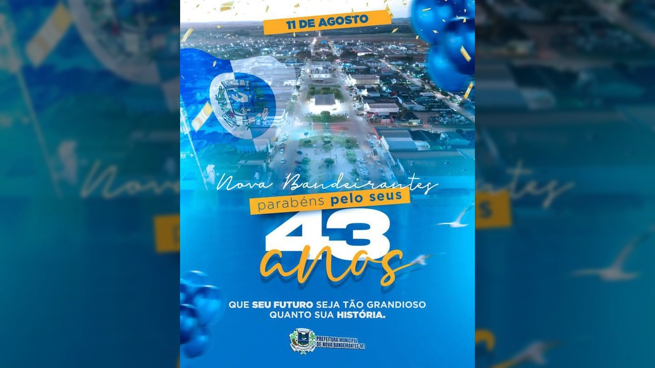 Vista aérea de Nova Bandeirantes com a bandeira da cidade, celebrando os 43 anos, imagem da Prefeitura Municipal de Nova Bandeirantes no Instagram.