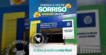 Imagens da nova escola Colégio Estadual Integrado 06 em Sorriso, Mato Grosso, mostrando a estrutura moderna e as instalações como salas de aula, refeitório, piscina e quadra poliesportiva. Créditos: Governo de Mato Grosso / Instagram.