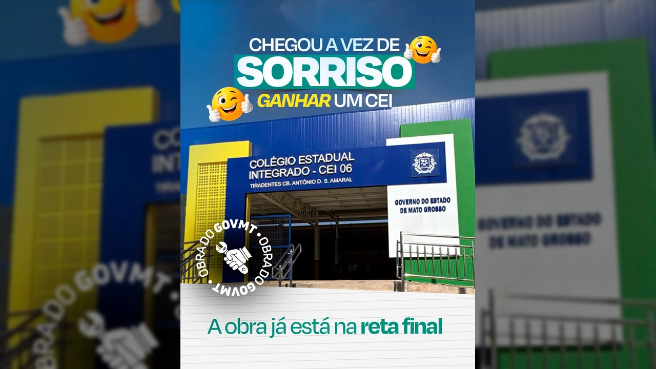 Imagens da nova escola Colégio Estadual Integrado 06 em Sorriso, Mato Grosso, mostrando a estrutura moderna e as instalações como salas de aula, refeitório, piscina e quadra poliesportiva. Créditos: Governo de Mato Grosso / Instagram.
