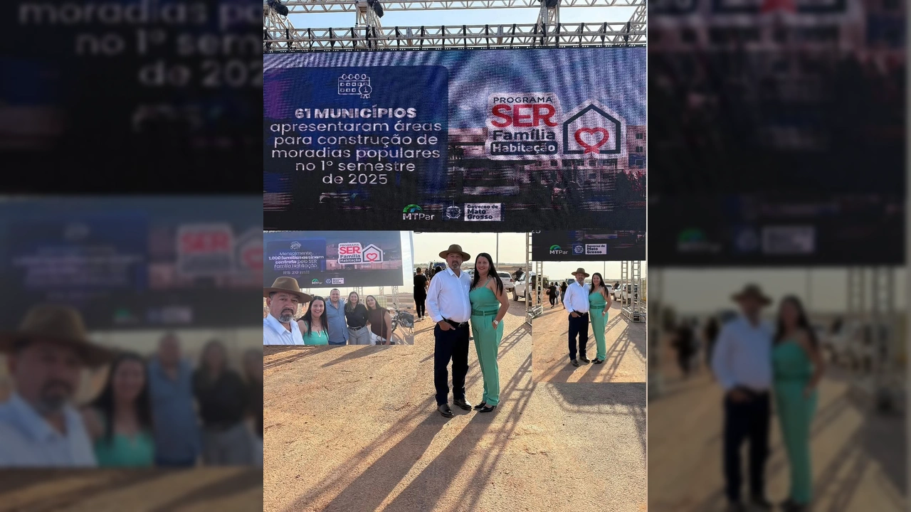 Prefeito de Nova Lacerda e equipe em evento do Programa SER Família Habitação, com telões exibindo informações sobre subsídios e moradias populares. Créditos: prefeituranovalacerda / Instagram