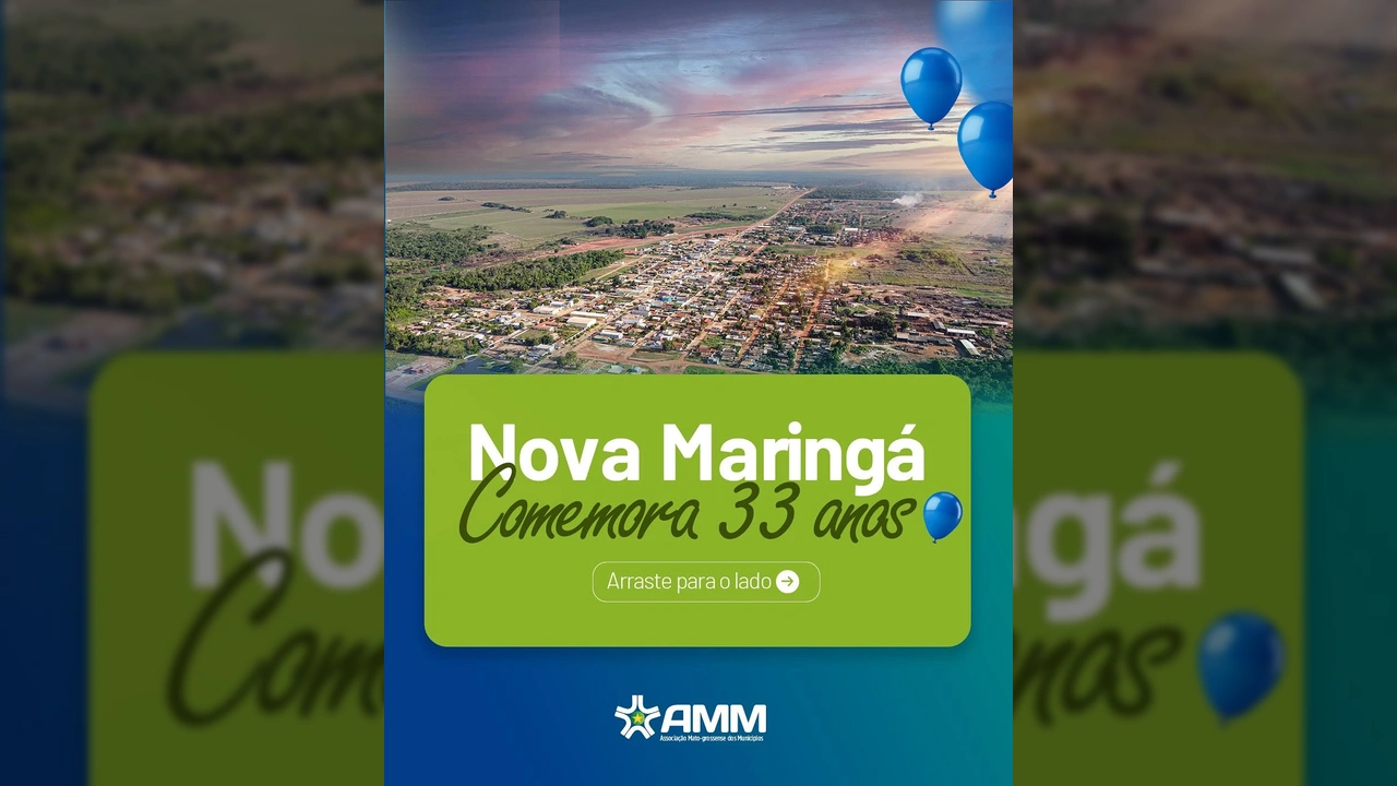 Imagem aérea da cidade de Nova Maringá, Mato Grosso, durante o aniversário de 33 anos, destacando a paisagem urbana e rural. Créditos: amm.mt / Instagram