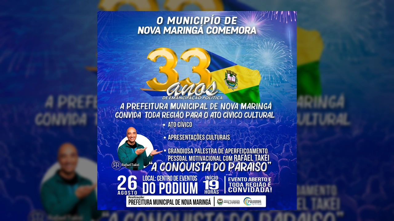 Nova Maringá 33 anos de emancipação, evento cívico cultural com Rafael Takei. Créditos: @prefnovamaringa