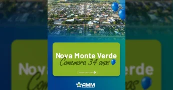 Vista panorâmica da cidade de Nova Monte Verde em Mato Grosso, comemorando seu 34º aniversário, mostrando áreas urbanas e verdes. Créditos: amm.mt / Instagram.
