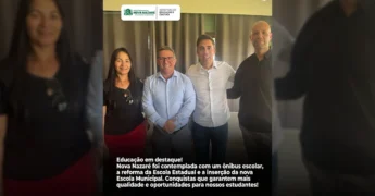 Foto de autoridades da Prefeitura de Nova Nazaré e Secretaria de Educação e Cultura celebrando investimentos na educação, com foco em ônibus escolar e reformas de escolas. Crédito: Prefeitura de Nova Nazaré / Instagram.
